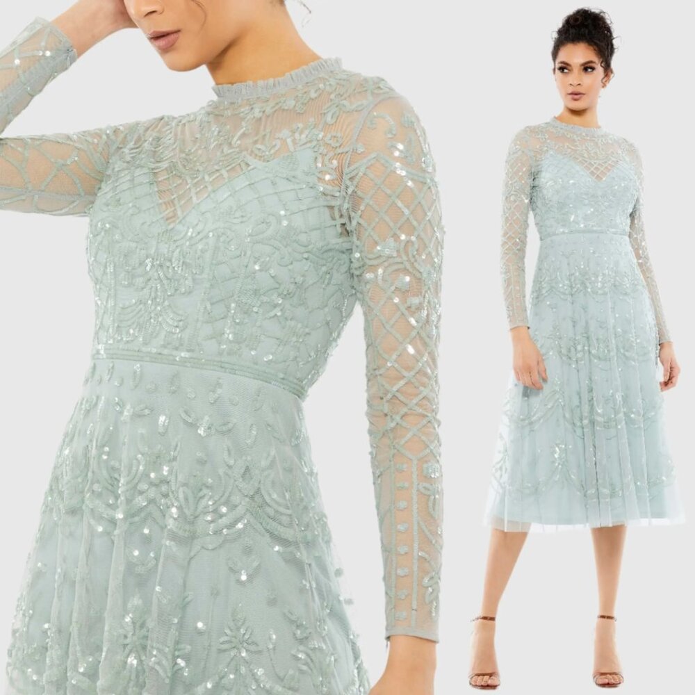 Mac Duggal 9142 Womens Size 16 Seafoam Light Green Blue Sequin Boho Midi Dress‎